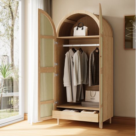 Armario ropero 80x50x179 cm natural en MDF y tablero de partículas con puertas curvadas de ratán y cajón (1/5)