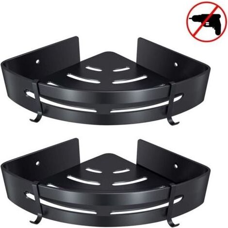 Étagère d'angle de salle de bain, adhésif en aluminium non perforé pour étagère de douche, panier de rangement pour savon et shampoing, avec crochets (triangle, noir, 2 pièces) (1/4)