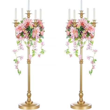 Grand Chandelier Doré sur Pied, à 5 Branches, Lot de 2, 124 cm (1/5)