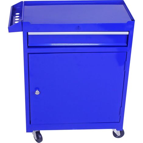 Armoire à outils bleue en métal avec 5 tiroirs, roulettes verrouillables et porte avec panneaux suspendus (1/5)