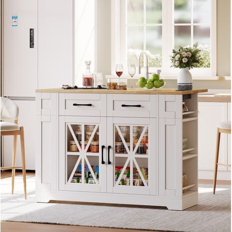 Kücheninsel 120x40x92 cm weiß/natur aus MDF mit Klapptisch, Glastüren, Steckdosen, USB und Rollen (1/5)