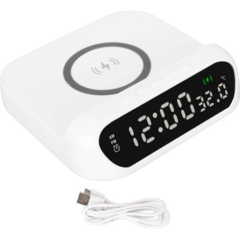 Réveil à chargement sans fil, affichage multifonctionnel de la température, LED, réveil 10W, volume progressif, réveil numérique, station de charge, blanc. (1/5)