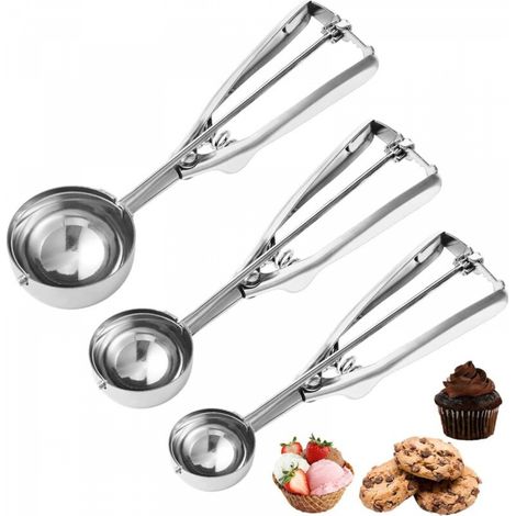 3 Pièces Cuillère à Glace Cuillère à Crème Glacée en Acier Inoxydable, avec Gâchette pour Boule à Melon Pâtisserie Biscuits, 4/5/6CM (1/5)