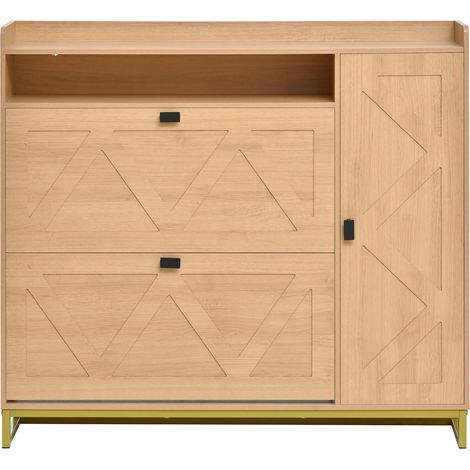 Scarpiera con doppia anta a ribalta e armadietto laterale 110x24x100 cm MDF naturale (1/5)