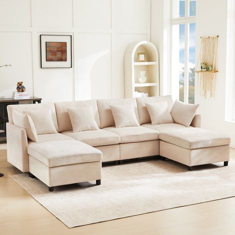 Canapé convertible 4 places, canapé d'angle en U avec repose-pieds, coussins et des oreillers, tissu chenille, canapé modulable, beige