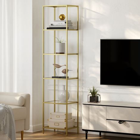 Étagère en Verre à 6 Niveaux, Verre Trempé, Facile à Monter, pour Salle de Bain, Salon, Chambre, Bureau, Doré (1/5)
