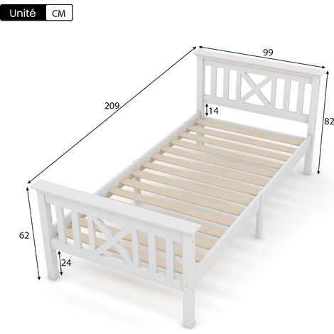 Letto Singolo 90×200 cm, 1 Posto con Testiera a X, senza Materasso, in Legno Massello, Bianco (1/4)