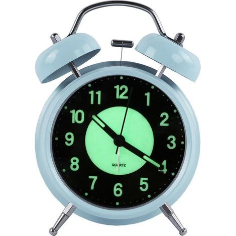 Veilleuse rétro réveil matin calme quartz réveil de chevet, horloge analogique de voyage réveil alimenté par batterie anti-tic double anneau enfants réveil avec veilleuse, 4 pouces (bleu) (1/5)