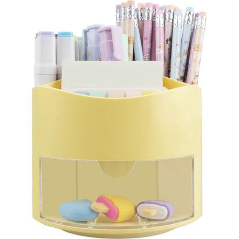 Porte-stylos et crayons rotatif 360° avec tiroir, 5 compartiments, organisateur de bureau pour stylos, pinceaux de maquillage, table de chevet, maison, bureau, jaune (1/5)
