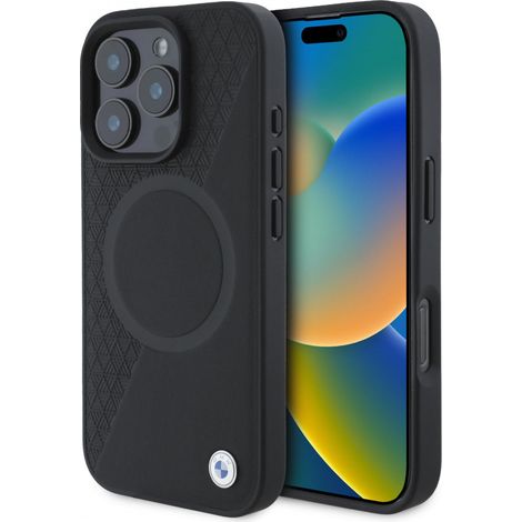 Coque rigide BMW BMHMP16X23RTPK pour iPhone 16 Pro Max 6,9" noire avec logo en cuir texturé et compatible MagSafe.