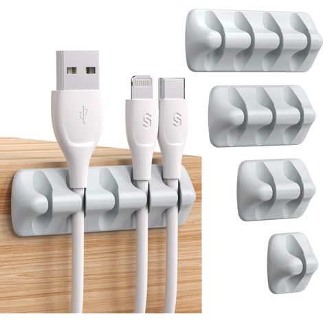 Support de câbles de bureau gris - Lot de 5 - Fixations adhésives en silicone pour ranger cordons, chargeur, souris, casque et téléphone (1/5)