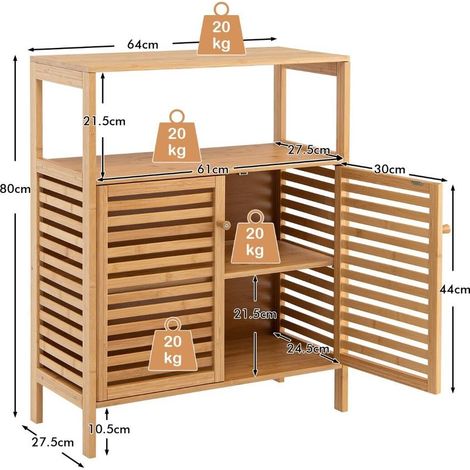Rangement Aéré et Pratique Meuble Bas en Bambou Naturel 2 Portes Persiennes Étagère Amovible pour Salle de Bain Salon (1/5)