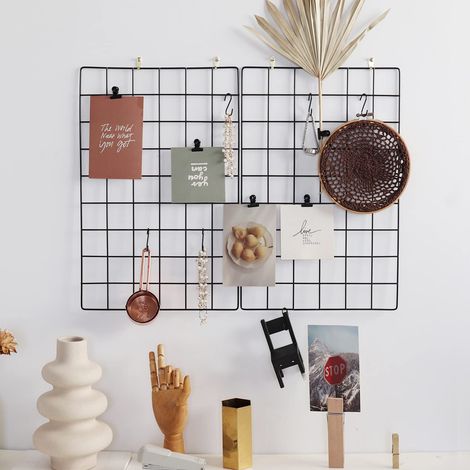 Lot de 2 panneaux muraux pour affichage de photos, organiseur de rangement mural, 5 clips métalliques, 3 crochets en S, 4 clous et 4 boucles de suspension en plastique et 4 vis offertes, taille (1/5)