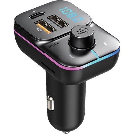 Émetteur FM pour voiture, kit mains libres Bluetooth 5.0 avec lecteur MP3 et adaptateur radio, sortie PD3.0 Type C 20 W + QC3.0, son Hi-Fi sans perte avec basses profondes, compatible clé USB. (1/3)