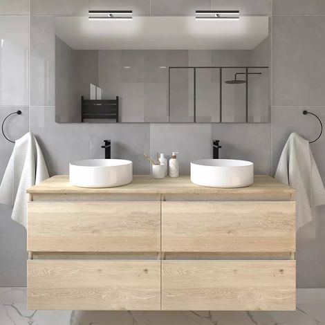 Meuble de salle de bain avec vasques rondes - bambou (chêne clair) - BALEA et miroir avec appliques - 120cm (1/5)