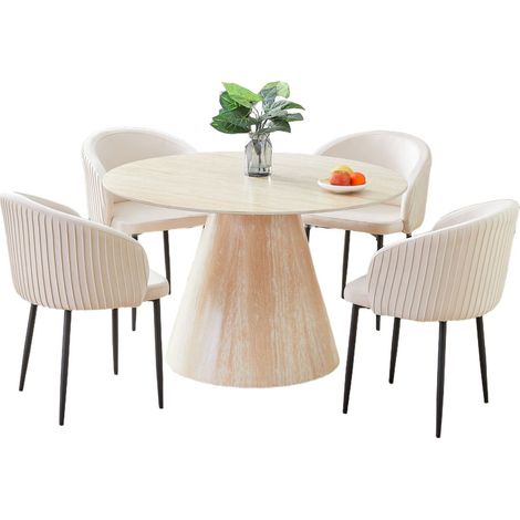 Table à Manger ROSALIA – Ronde 120 cm – Céramique & Pied Effet Travertin