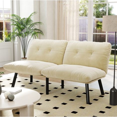 Divano letto pieghevole a 2 posti color crema in velluto con struttura metallica (1/5)