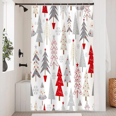 Cortina de ducha antimoho, 120 x 180 cm, estampado abstracto de árbol de Navidad en gris y rojo, lavable e impermeable, con 8 ganchos. (1/5)