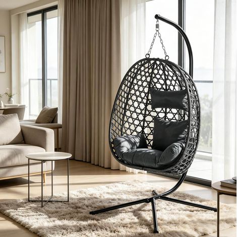 Fauteuil suspendu en rotin PE avec structure en acier, hauteur réglable, coussins amovibles gris foncé (1/5)
