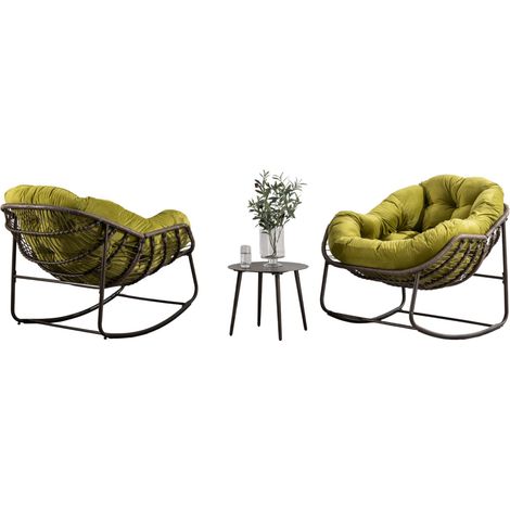 Fauteuil à bascule en rotin synthétique avec coussin rembourré, vert olive, pour jardin et terrasse (1/5)