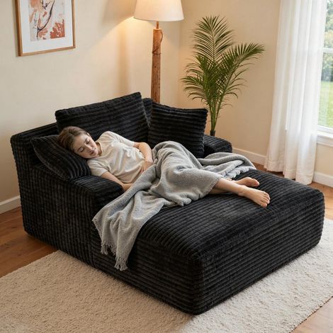 Bodensofa mit Schlaffunktion, Cord, Chaiselongue, 3 Kissen, Schwarz (1/5)