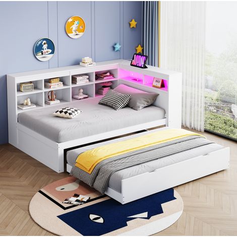 Letto estraibile 90x200 cm in legno bianco con contenitori e LED, FloraGrace (1/5)