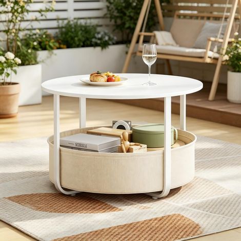 Table basse ronde - Ø80x50 cm - Bout de canapé fixe avec grand panier de rangement en toile lin - Beige et blanc (1/5)