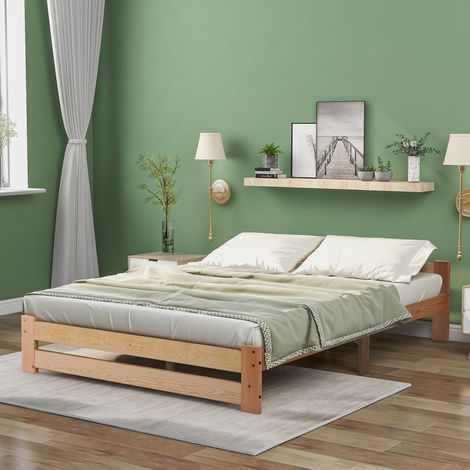 Letto matrimoniale 200 x 140 cm in legno massello per adulti, Letto con testiera e rete a doghe, Naturale (1/5)