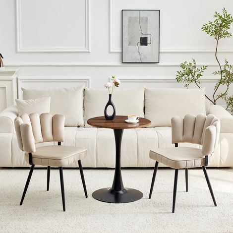 Ensemble table ronde 60 cm MDF + 2 chaises velours motif pétales métal noir design élégant salle à manger cuisine moderne confortable style chic gain de place