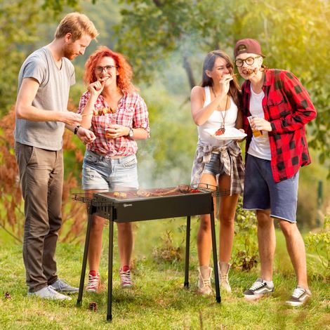Barbecue charbon 2 grills acier inoxydable portable 2 étagères épices camping 94x39x70cm, noir