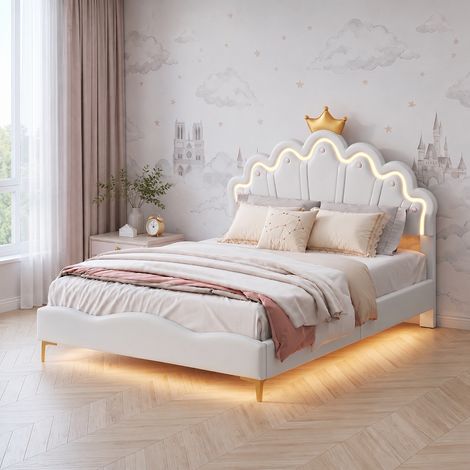 Lit double 140x200cm, Lit capitonné princesse en forme de couronne avec LED, Structure en simili cuir PU et bois pour chambre d'enfant fille, Blanc (1/5)