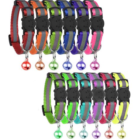 12PCS Collier Chat Réfléchissant,Collier Chaton Anti étranglement et Cloche,Réglable Collier pour Chat,Accessoire Chat et Animaux Compagnie (Rayures) (1/5)