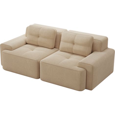 Canapé modulable convertible bas en velours côtelé beige, assise profonde et accoudoirs larges, sans montage, format salon relax  CHICFURN (1/5)