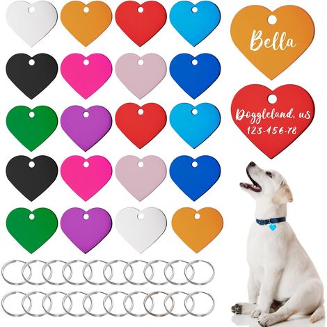 Médailles d'identification pour animaux, 20 médailles d'identification colorées pour chiens, double face, avec 20 porte-clés pour chiens et chats, en forme de cœur (1/5)