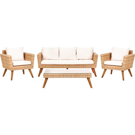 Conjunto de jardín de ratán sofá sillones con cojines blanco crema Vittoria XL