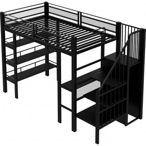 Lit mezzanine 90 x 200 avec bande LED et prise, lit en fer forgé avec compartiment de rangement et bibliothèque, lit simple multifonctionnel, noir