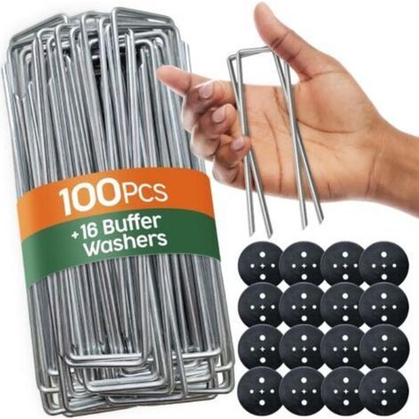 Piquets de Jardin 100 pcs + 16 Rondelles – Sardines de Fixation pour Sol Dur, Agrafes de Jardin - Piquet Ancrage pour Tomates - Agrafes pour Toile de Paillage et Gazon Synthétique (1/5)