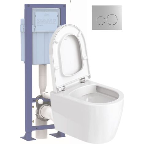 Pack inodoro suspendido compacto sin brida DURAVIT Me by Starck con asiento freno caída + Marco soporte SIAMP + Mando cromado
