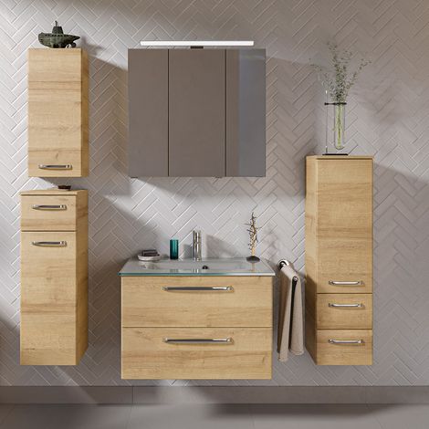 Badezimmer Komplett Set mit Glaswaschbecken TRENTO-66 in Riviera Eiche Nb., B/H/T: ca. 167/200/50 cm (1/5)