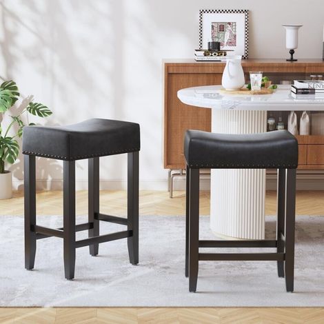 Set aus 2 Barhockern für Kücheninseln, Tresenhöhe (65,5 cm), aus schwarzem Kunstleder mit Fußstützen. Ideal für Küche, Esszimmer oder Bar. Farbe: Schwarz. (1/5)