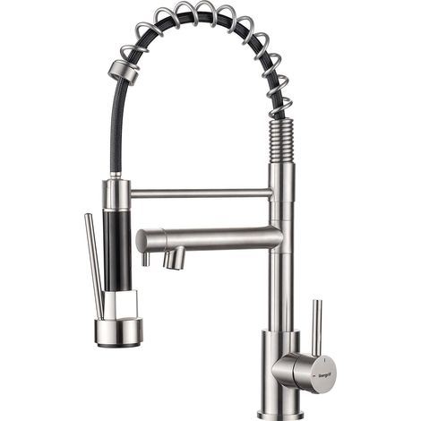 Mitigeur Robinet Cuisine avec Douchette 2 Jets 360° Pivotant, Double Bec Professionnel, 2 Modes Pulvérisation, Arc Élevé Acier Inox Économe en Eau, Design Moderne, M22144A (1/5)