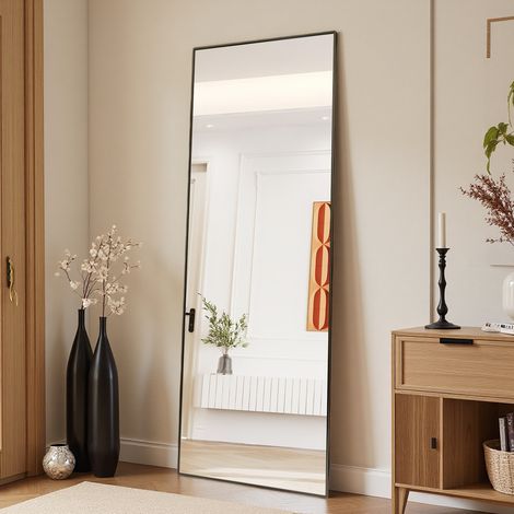 Miroir Plein Corps Debout, 164x54 cm, Miroir Mural Rectangulaire Noir avec Cadre, Suspendable & Posable, Salon Chambre Entrée (1/5)