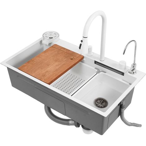 Évier de cuisine à cascade en acier inoxydable, évier simple de 80x46x22cm, 3 modes d'écoulement de l'eau, évier à montage sur le dessus avec robinet pour cuisines, restaurants, cafés, garages