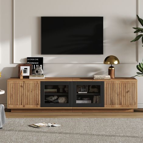 Mobile TV bassa 180x40x45 cm con 2 ante, fascia LED e finitura legno vetro, colore naturale e nero (1/5)