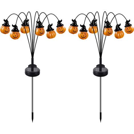 2PCS Guirlandes lumineuses d'Halloween d'extérieur, 2025, nouveau modèle à LED solaire, chapeau de sorcière, lanterne citrouille orange décorative et effrayante pour jardin, allée,ardin, fête (orange) (1/5)