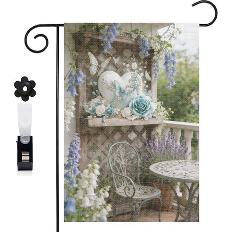 Drapeau vertical ambiance printanière et cœur floral 30 x 45 cm décoration jardin d'été (1/5)