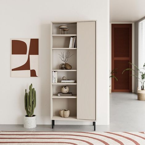 Libreria 6 Ripiani 1 Anta Battente Curva Beige Moderna Salvaspazio (1/5)