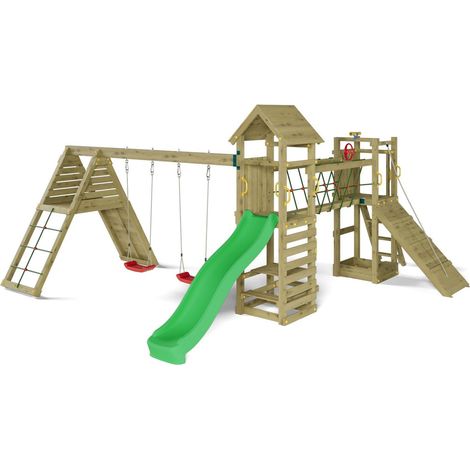 Funni Aire de Jeux Enfant Extérieure – Bois Traité – Toboggan 2,2 m – Balançoire Double – Jusqu’à 15 Enfants – EN 71 (1/5)