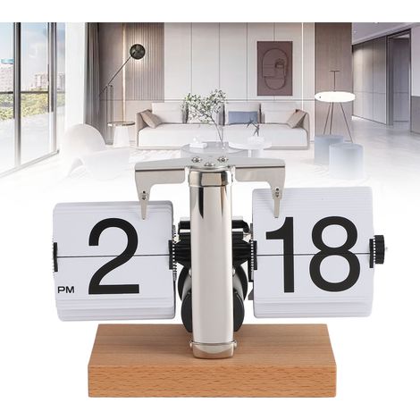 Reloj de mesa plegable estilo retro vintage – Números grandes, blanco, acero inoxidable 304, PVC imitación madera de haya, 12 cm de alto, 686 g – para salón/oficina (1/5)
