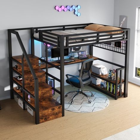 Lit mezzanine 140x200 cm avec LED - avec penderie et bureau - 2 ports USB + 1 port Type-C - noir (matelas non inclus)
